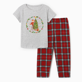 Комплект для девоки (футболка, брюки), цвет серый меланж/красный, рост 98-104 см