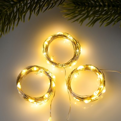 Набор гирлянд «Нить» 2 м роса, IP20, серебристая нить, 20 LED, свечение тёплое белое, 3 режима, батарейки AG13×3 (в комплекте), 3 шт.