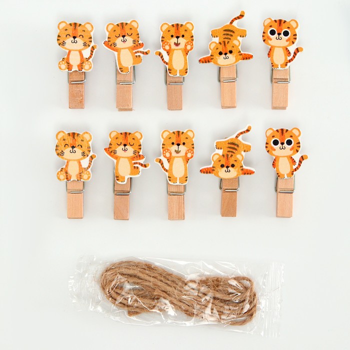 Прищепки декоративные с верёвкой для подвеса «Тигрята» набор 10 шт. — 1,5 × 12 × 14 см