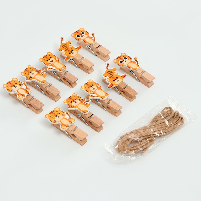 Прищепки декоративные с верёвкой для подвеса «Тигрята» набор 10 шт. — 1,5 × 12 × 14 см