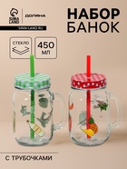 Банки Доляна «Свежий бриз», набор 2 шт.: 2 банки с крышками и трубочками 450 мл, стекло - Фото 1