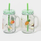 Кружки Доляна «Летняя прохлада»,450 мл, набор 2 шт.: 2 кружки с крышками и трубочками, стекло, прозрачные - Фото 1