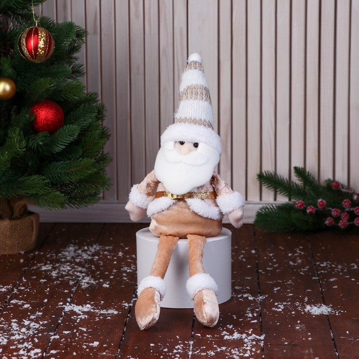 Мягкая игрушка "Дед Мороз в полосатом колпаке, с ремешком" 14х43 см, золото - фото 1907867833