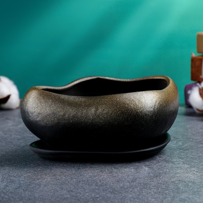 Горшок для для кактусов и суккулентов «Бонсай малый», 600 мл, 17×14×8 см, керамика, с поддоном, цвет чёрное золото