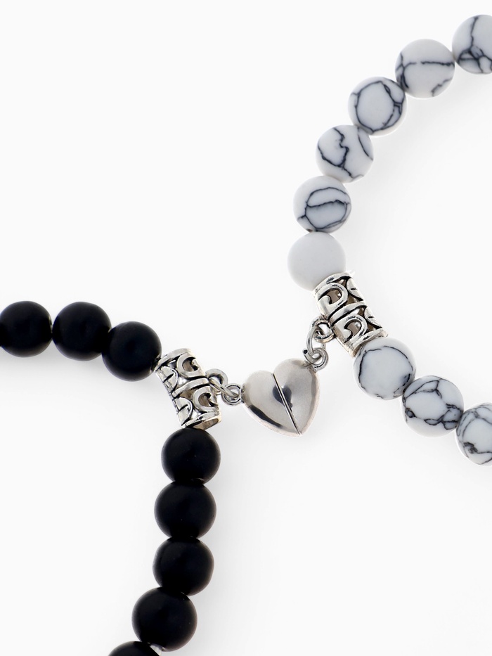 Браслеты парные «Неразлучники» на магните, сердце, чёрно-белые в серебре, d=6 см - Фото 1