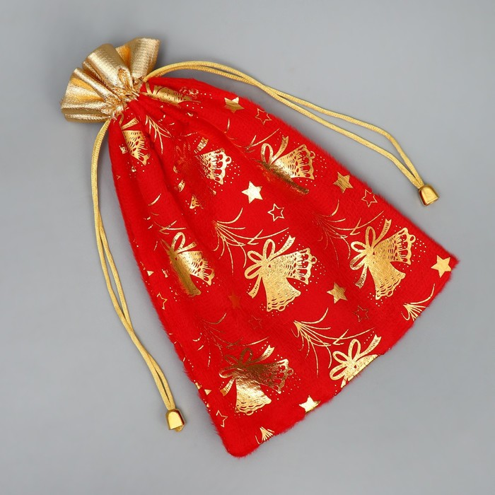 Мешочек подарочный плюш «Золотые фейерверки», колокольчики, тиснение, 16 × 24 см +/- 1.5 см