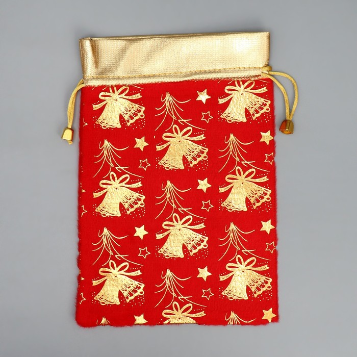 Мешочек подарочный плюш «Золотые фейерверки», колокольчики, тиснение, 16 × 24 см +/- 1.5 см