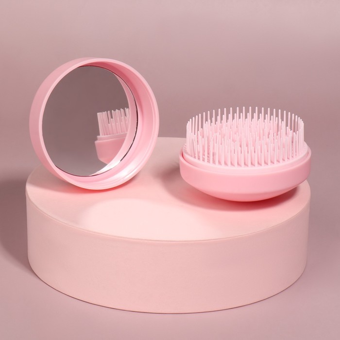 Расчёска массажная, круглая, складная, с зеркалом, d = 7,5 см, в коробке, цвет розовый