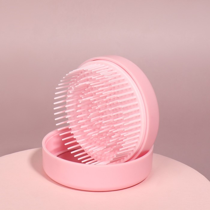 Расчёска массажная, круглая, складная, с зеркалом, d = 7,5 см, в коробке, цвет розовый