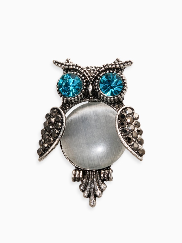 Брошь «Сова круглая», белый, синяя в чернёном серебре