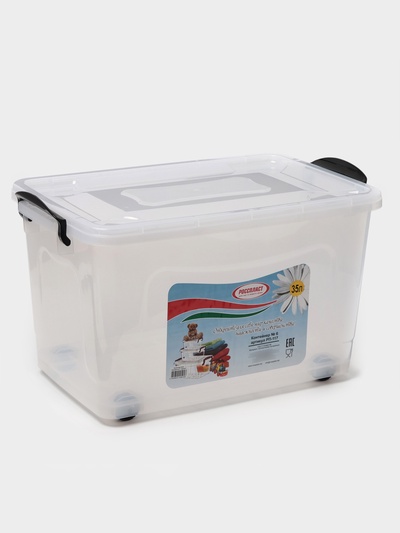 Контейнер для хранения с крышкой, 35 л, 50×31×28 см, на колёсах, прозрачный, ручки МИКС