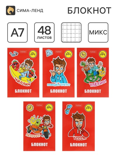 Блокнот А7, 48 листов, в клетку, на склейке, «Влад А4», обложка мелованная бумага, ламинация, трёхцветный блок, блок 60 г/м², 5 В МИКС