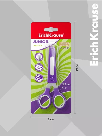Ножницы детские ErichKrause Junior Protect, 13 см, с пластиковым чехлом и именным стикером, в блистере, МИКС