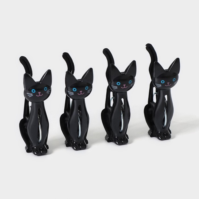 Набор прищепок «Коты», 4 шт, 7×2×4 см, цвет чёрный - Фото 1