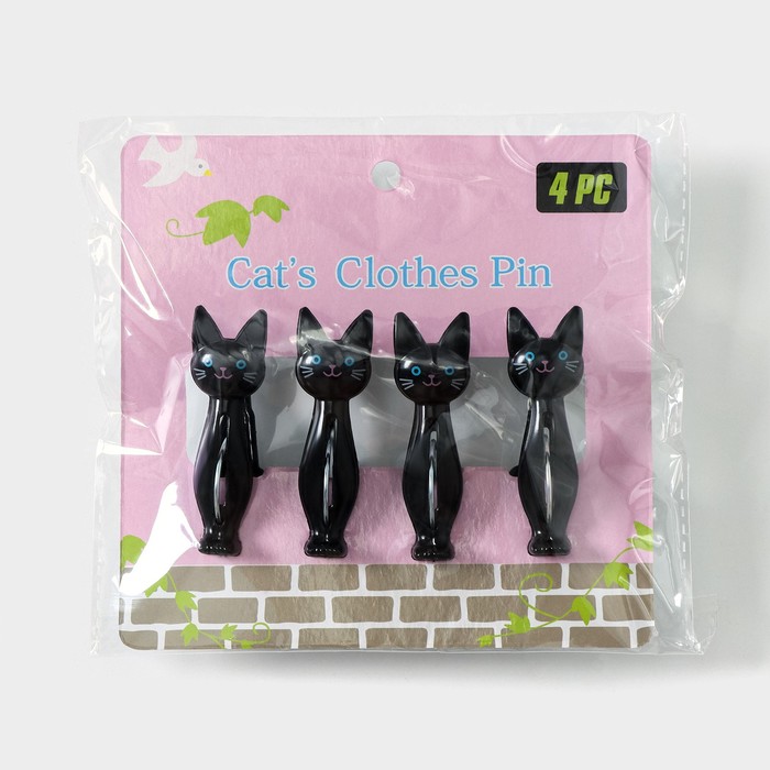 Набор прищепок «Коты», 4 шт, 7×2×4 см, цвет чёрный - фото 1899084904