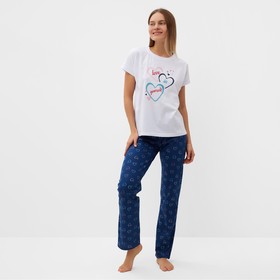 Комплект домашний женский "Сердечки" (футболка/брюки), цвет белый/синий, размер 44