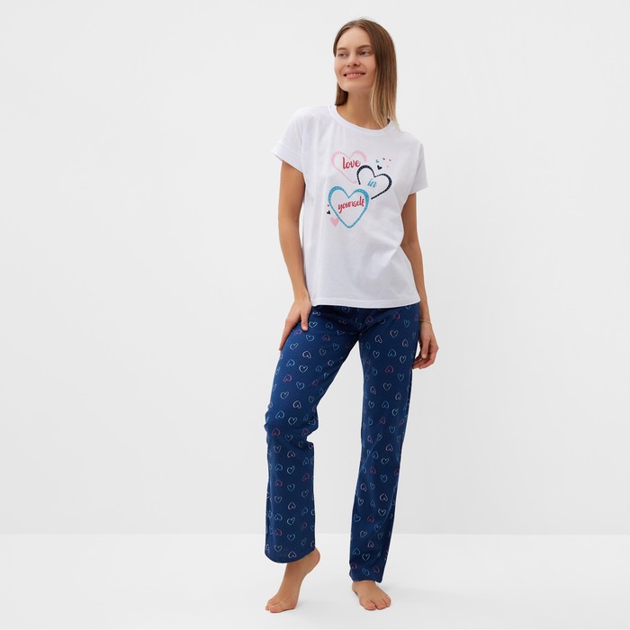 Комплект домашний женский Сердечки (футболка/брюки), цвет белый/синий, размер 44