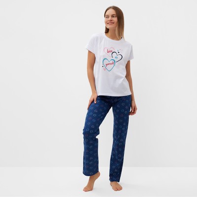 Комплект домашний женский "Сердечки" (футболка/брюки), цвет белый/синий, размер 48