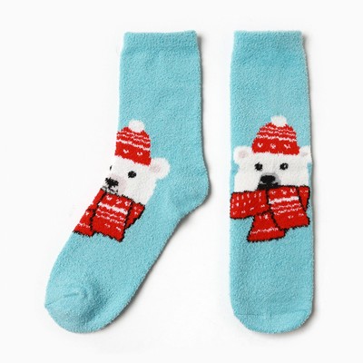 Носки женские новогодние махровые "Медведь в шарфике", цвет голубой, размер 36-40