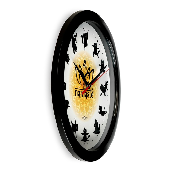 Часы настенные, серия: Классика, "Йога с котом" плавный ход, d-28 см, чёрный обод