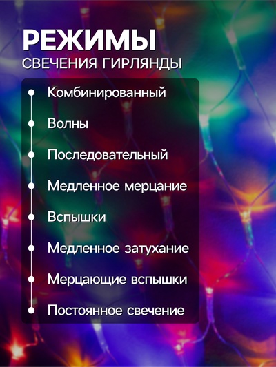 Гирлянда «Сеть-ёлка» 1×1 м, IP20, тёмная нить, 90 LED, свечение мульти, 8 режимов, 220 В