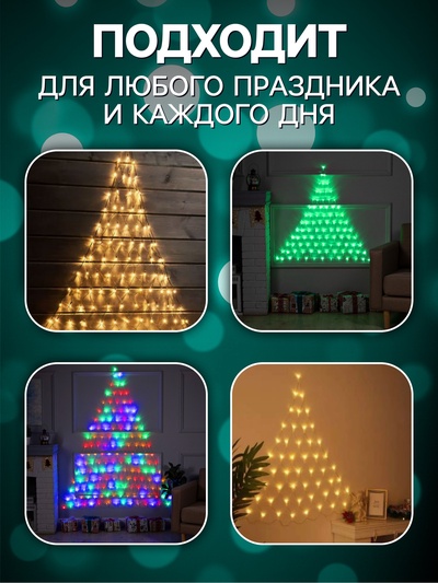 Гирлянда «Сеть-ёлка» 1×1 м, IP20, тёмная нить, 90 LED, свечение мульти, 8 режимов, 220 В