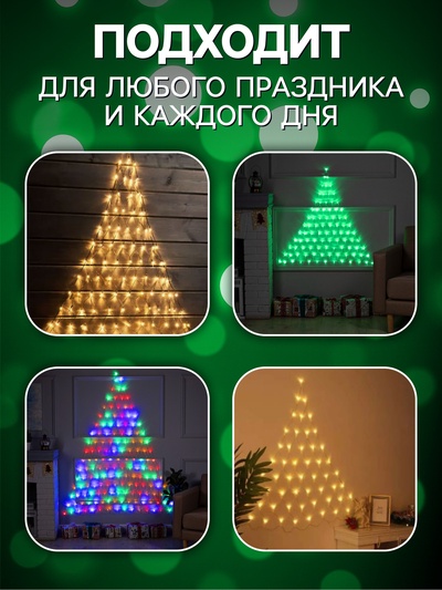Гирлянда «Сеть-ёлка» 1×1 м, IP20, тёмная нить, 90 LED, свечение зелёное, 8 режимов, 220 В