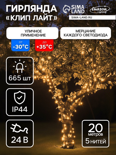 Гирлянда «Клип-лайт» 5 нитей по 20 м, IP44, УМС, тёмная нить, 665 LED, свечение тёплое белое, мерцание всех светодиодов, 24 В