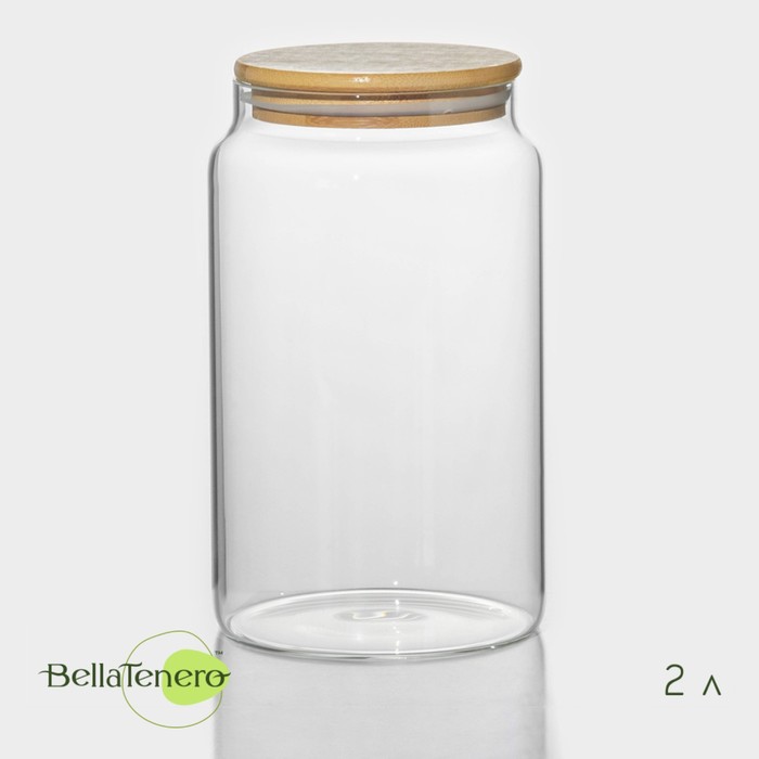 Банка стеклянная для сыпучих продуктов с бамбуковой крышкой BellaTenero «Эко», 2 л, 12×20 см - Фото 1