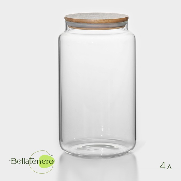 Банка стеклянная для сыпучих продуктов с бамбуковой крышкой BellaTenero «Эко», 4 л, 14,5×14,5×26 см