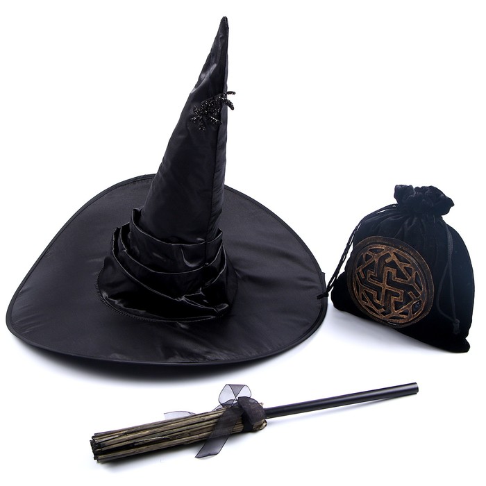 Карнавальный набор «Магия», шляпа чёрная, метла, мешок - фото 1906423829