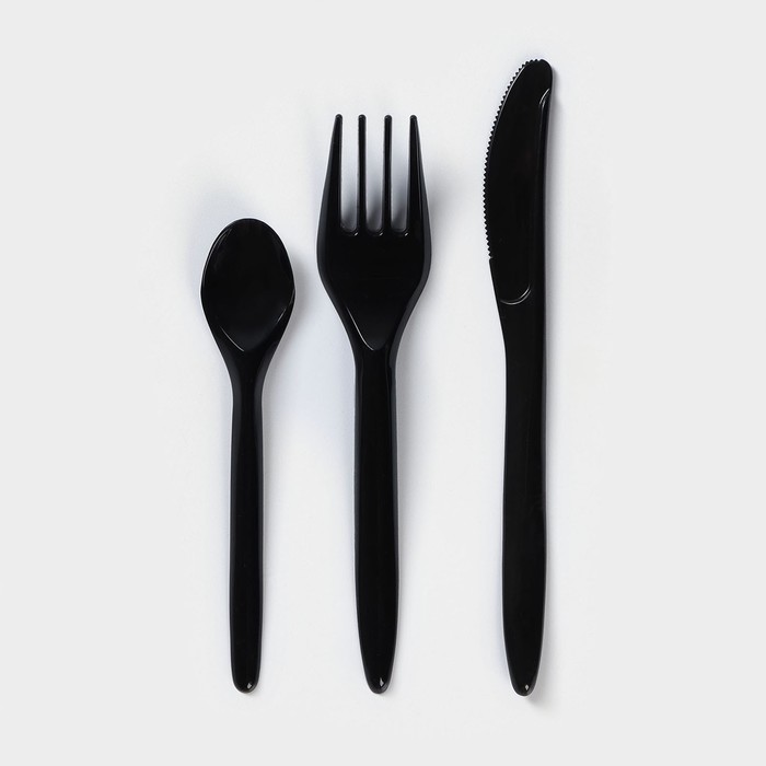 Набор пластиковых одноразовых столовых приборов Доляна «Премиум», 3 в 1, вилка, ложка, нож, цвет чёрный