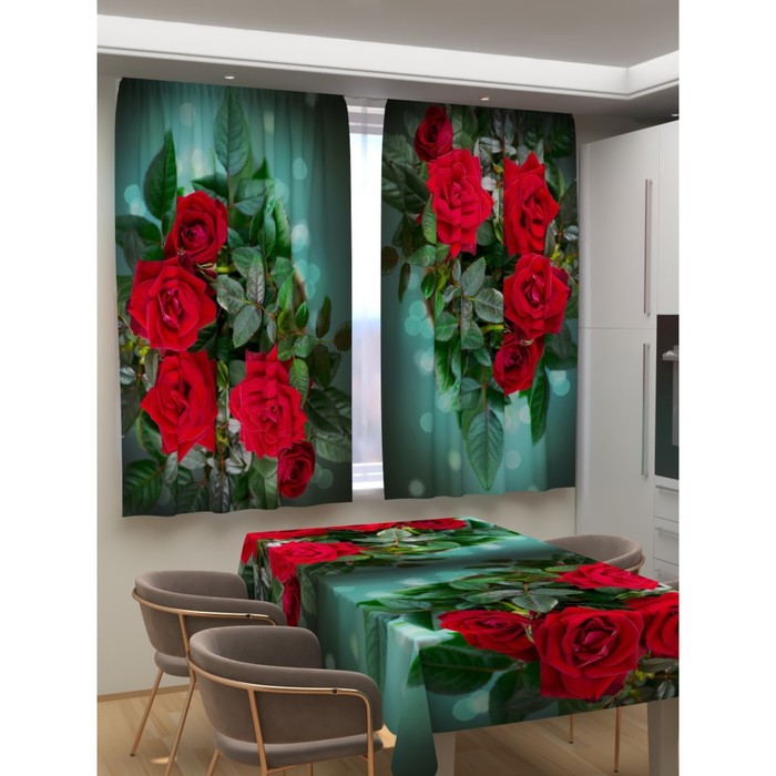 Фотошторы для кухни «Яркие красные розы», размер 150x180 см, габардин - Фото 1