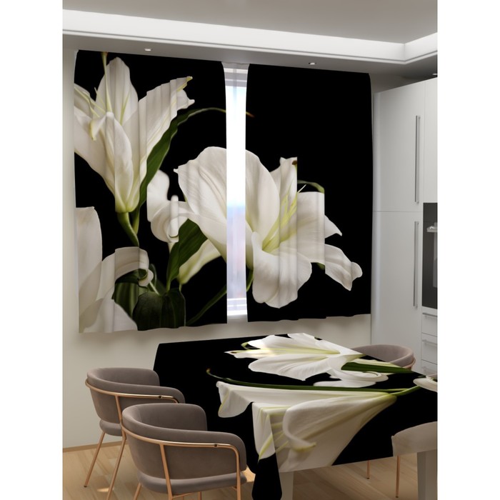 Фотошторы для кухни «Белые лилии в ночи», размер 150x180 см, габардин - Фото 1