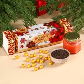 Подарочный набор «Золотого года»: чай чёрный со вкусом: клубники 50 г., арахис в шоколаде 100 г., крем-мёд со вкусом малины 120 г.