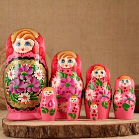 Матрёшка «Золотые цветы», розовое платье, 7 кукольная, 15 см