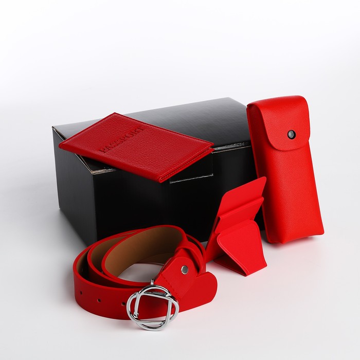 Подарочный набор, ремень с винтом, картхолдер на телефон, обложка для паспорта, футляр для очков, цвет красный - Фото 1