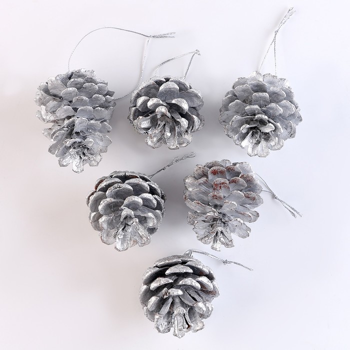 Набор декоративных шишек, 6 шт., в серебрянном цвете, 17,5 × 11,5 × 6 см