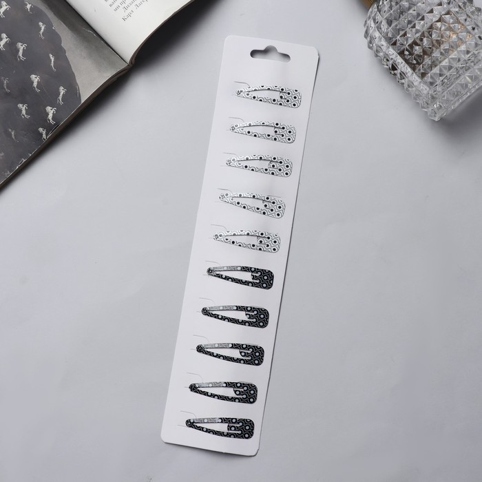 Невидимка для волос "Лира" (набор 10 шт) круги орнамент, 4 см, чёрно-белый