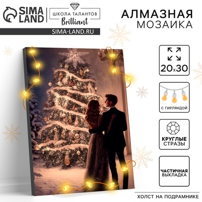 Алмазная вышивка на раме с частичным заполнением «Новогодняя ночь» 20×30, с гирляндой