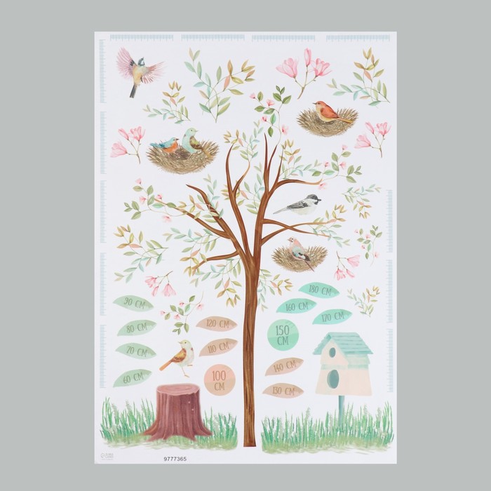 Наклейка интерьерная цветная ростомер "Птицы в гнёздах на дереве" 50х70 см - фото 1909338535