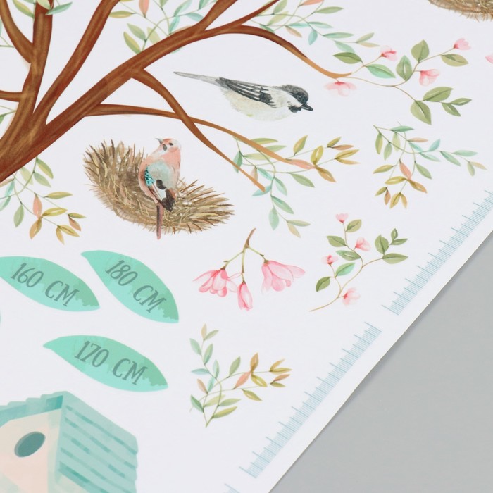 Наклейка интерьерная цветная ростомер "Птицы в гнёздах на дереве" 50х70 см - фото 1909338536
