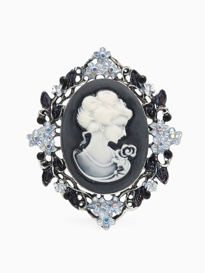 Брошь «Камея» в цветах, цвет чёрно-белый в чернёном серебре