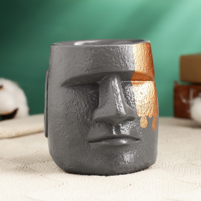 Кашпо - органайзер "Истукан моаи" 10 см, серый, бронза - Фото 1