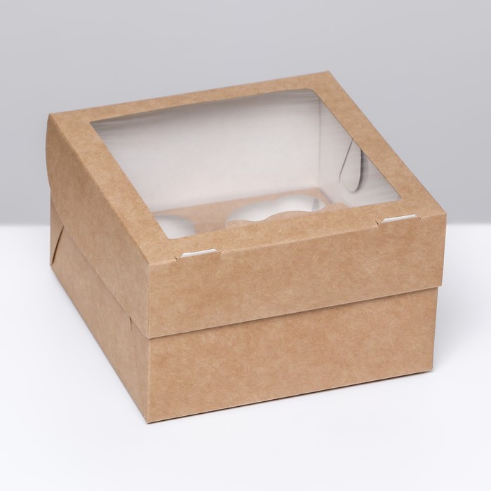 Коробка под 4 маффина с окном, крафт, 16 х 16 х 10 см - Фото 1