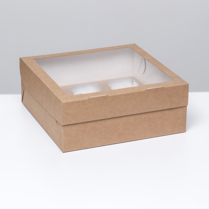 Коробка под 9 маффинов с окном, крафт, 25 х 25 х 10 см - Фото 1