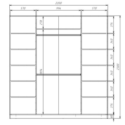 Шкаф - купе Max-МШ-23-6-22/2-55, 2200×600×2300 мм, с зеркалом, цвет серый шагрень