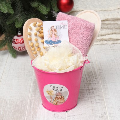 Набор новогодний подарочный «Этель. С Новым годом», 5 предмета, полотенце 30×60 см, мочалка, щётка - массажёр