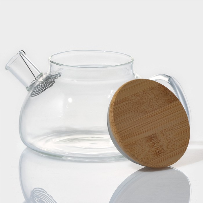 Чайник заварочный стеклянный с бамбуковой крышкой и металлическим фильтром BellaTenero «Эко», 600 мл, 18×12×10 см - фото 1888762064