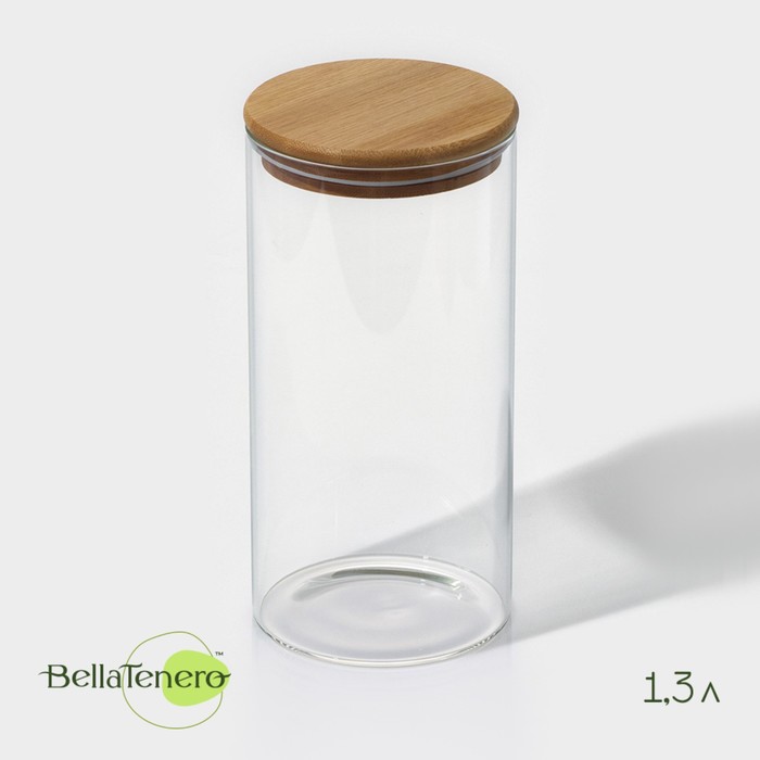 Банка стеклянная для сыпучих продуктов с бамбуковой крышкой BellaTenero «Эко», 1,3 л, 10×20,5 см